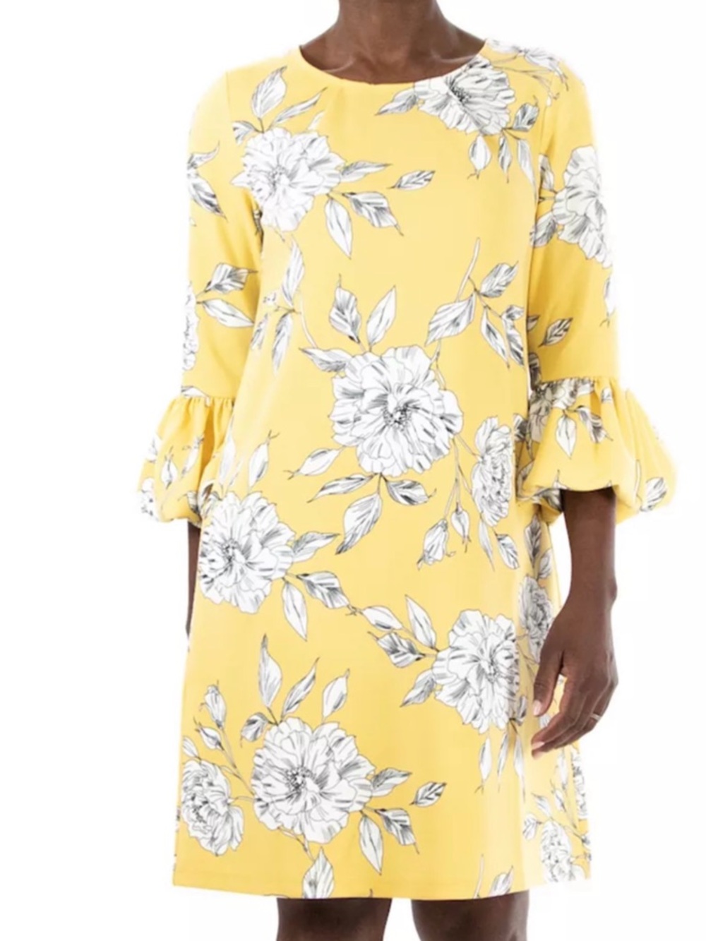 Yellow Floral Long-Sleeve Shift Dress with Ruffle Cuffs